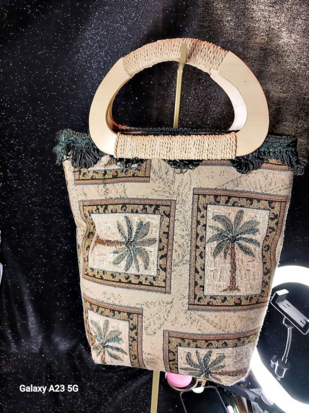 Tapestry Palm Tree Tote in Beige & Green Bamboo Handles